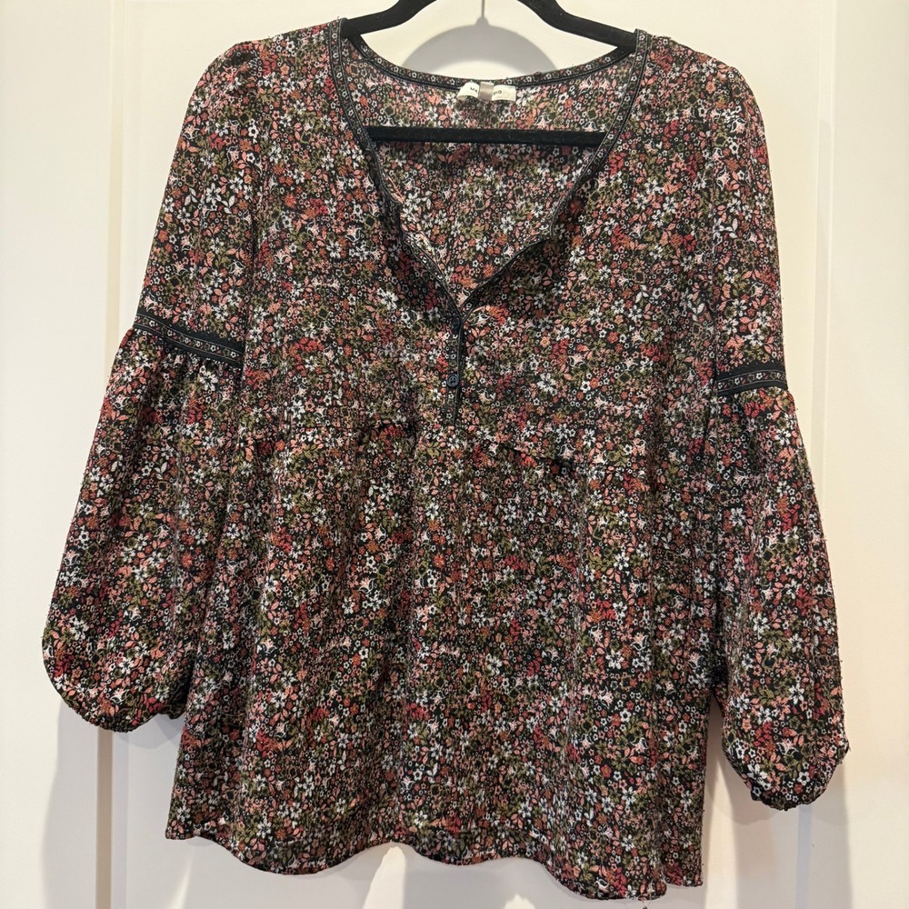 Dark Cottagecore Boho Max Studio Floral Peasant Blouse Balloon Sleeve M
